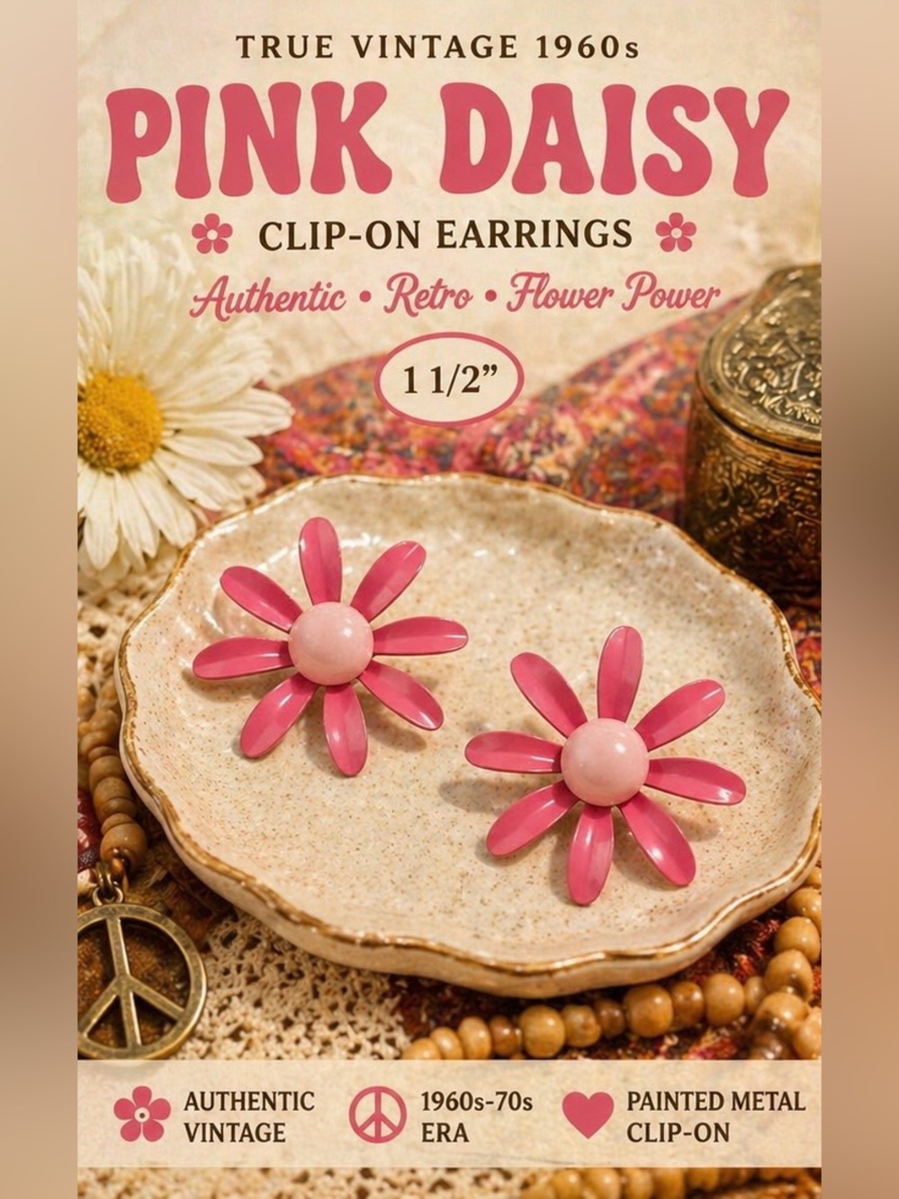 TRUE Vintage 60s Bright Pink Daisy Flower Earrings Retro Painted Metal Gold Tone